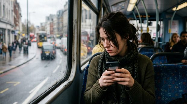 Kobieta w autobusie miejskim czyta na smartfonie podejrzaną wiadomość SMS od banku